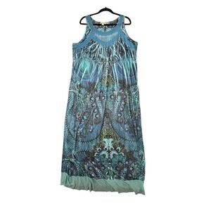 One World Blue Paisley Maxi Dress Women's 2X Sleeveless V-Neck‎ Boho Chic